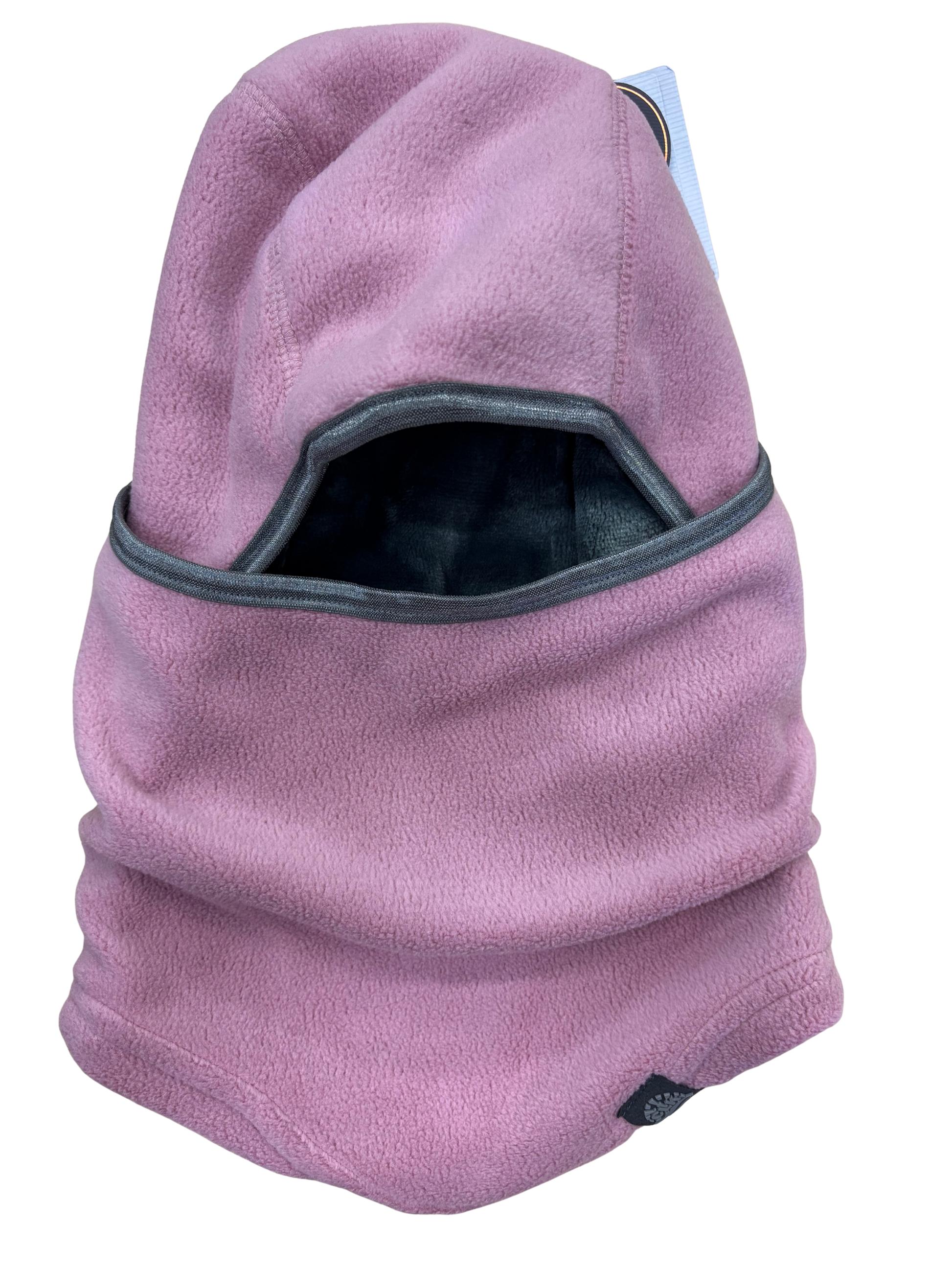 Cagoule - Calikids en polaire rose clair avec bordure grise, doublure noire, pour enfant, vue de face.