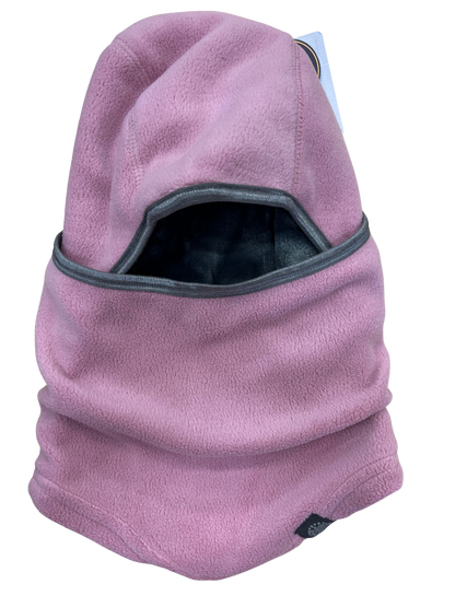 Cagoule - Calikids en polaire rose clair avec bordure grise, doublure noire, pour enfant, vue de face.