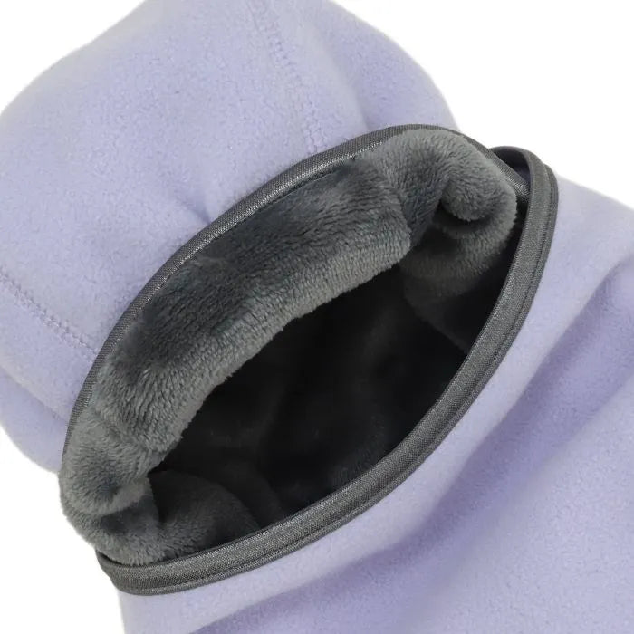 Cagoule - Calikids en tissu polaire violet clair avec doublure intérieure grise douce, vue gros plan ouverture face avant