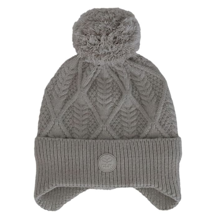 Tuque d'hiver - Calikids grise à pompon, maille torsadée, doublée en polar, pour enfant, vue de face.