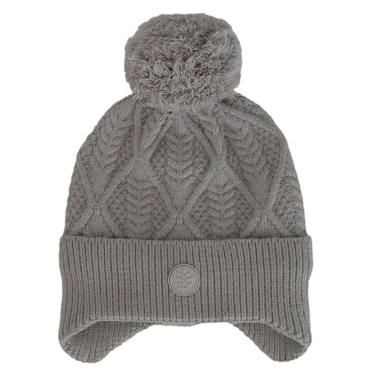 Tuque d'hiver - Calikids grise à pompon, maille torsadée, doublée en polar, pour enfant, vue de face.