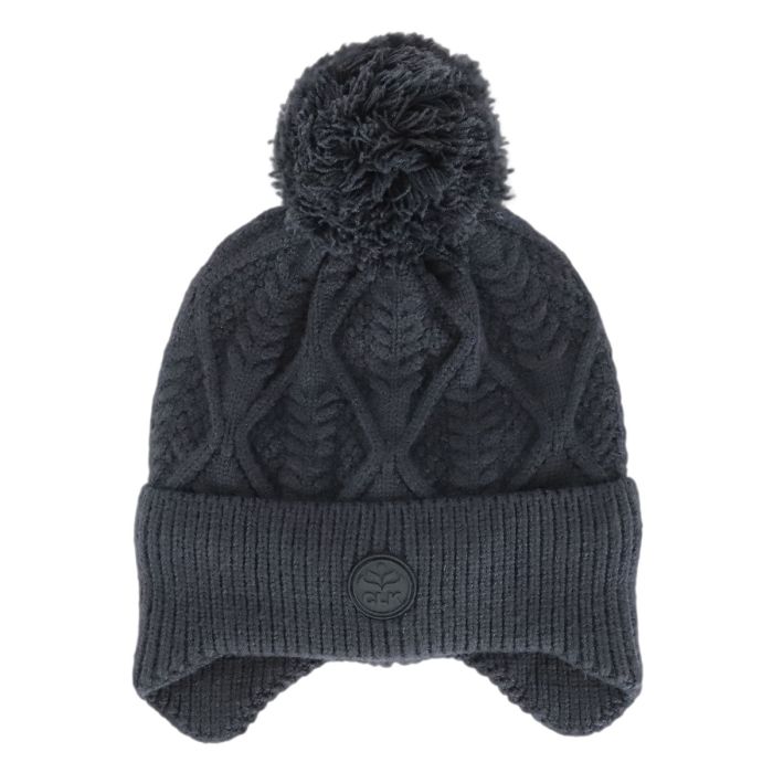 Tuque d'hiver - Calikids noire à pompon, doublure polar, tricot motif torsadé, pour enfant, vue de face.