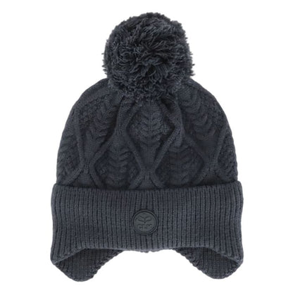Tuque d'hiver - Calikids noire à pompon, doublure polar, tricot motif torsadé, pour enfant, vue de face.