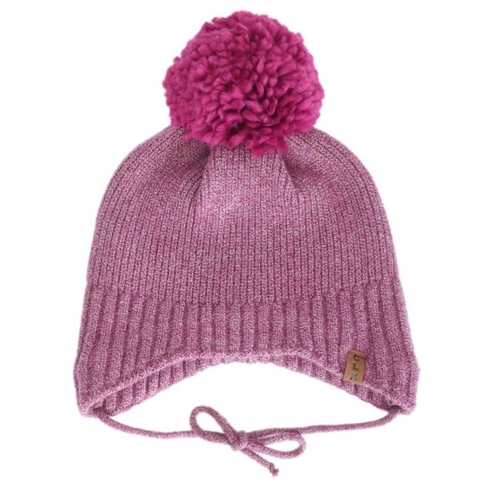 Tuque d'hiver - Calikids rose avec pompon fuchsia, doublé en polar, protection coupe-vent, pour enfant, vue de face.