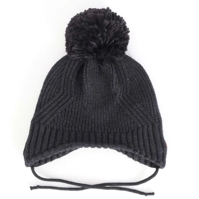 Tuque d'hiver - Calikids noire en tricot avec pompon et doublure polar, pour enfant, vue de face