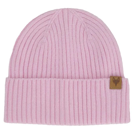 Tuque Mi-Saison - Calikids rose clair en tissu extensible côtelé, pour enfant, vue de face avec étiquette logo renard.