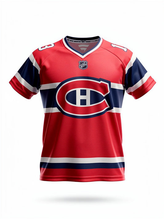 Jersey manches courtes - Caufield rouge, bleu marine et blanc en polyester, style sport, pour enfant, vue de face.