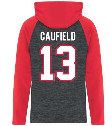 Hoodie - Caufield manches longues rouge et gris foncé avec capuche, imprimé blanc et rouge, pour garçon, vue de dos