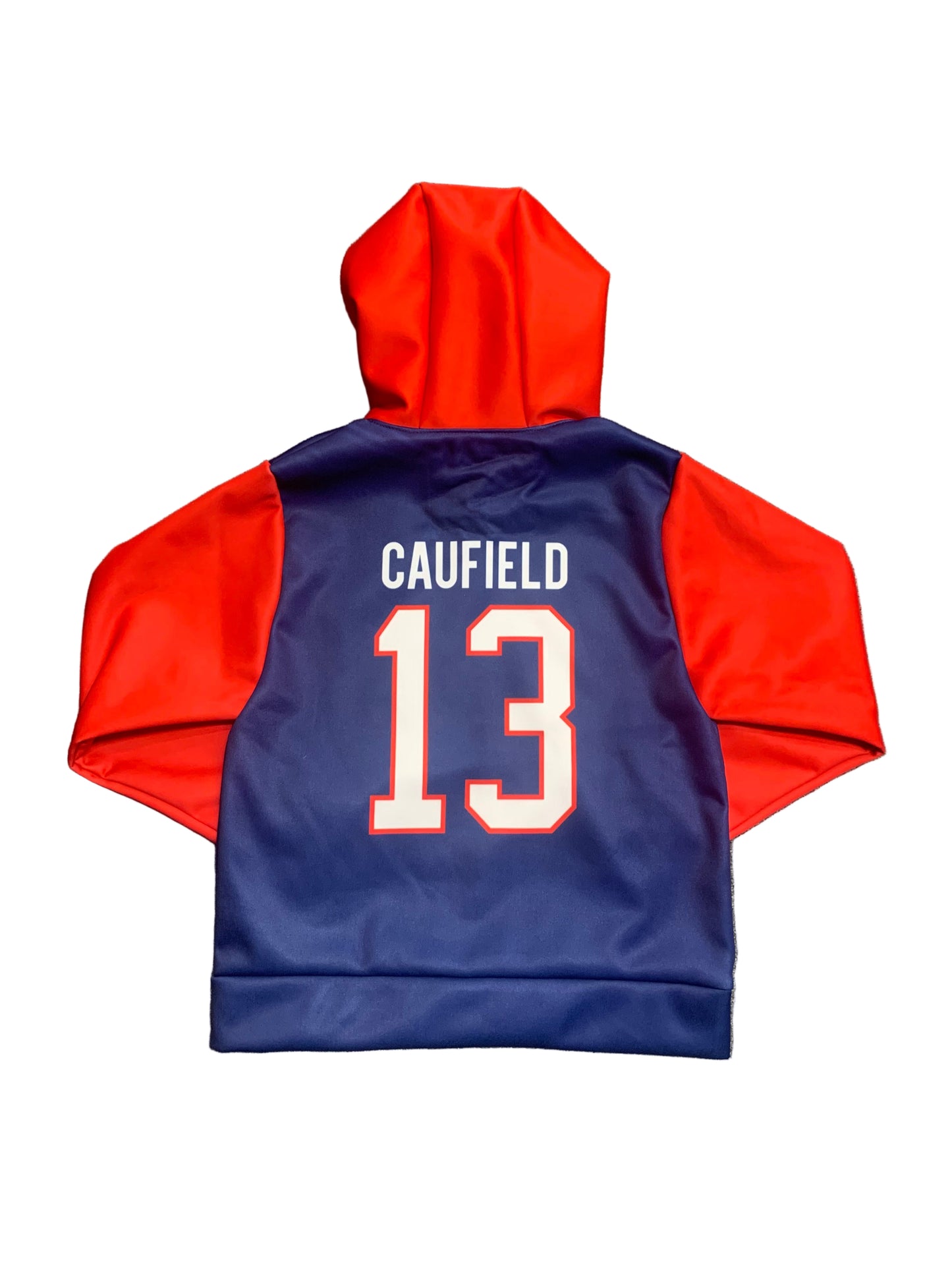 Hoodie - Caufield en polyester bleu marine et rouge avec capuche, motif numéro 13 au dos, vue de dos adulte.