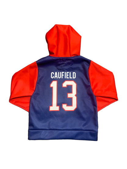 Hoodie - Caufield en polyester bleu marine et rouge avec capuche, motif numéro 13 au dos, vue de dos adulte.