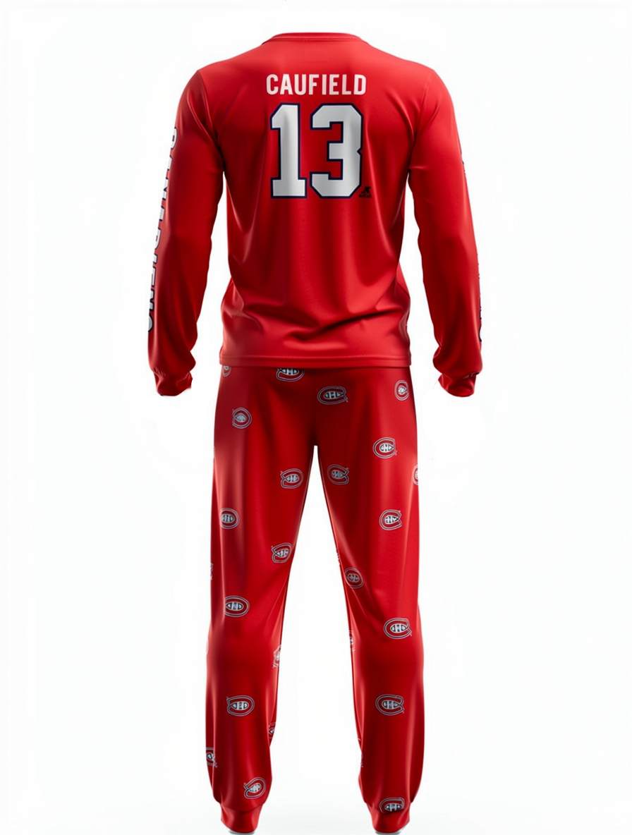 Caufield #13 Canadiens hockey pyjama featuring the team's colors and logo, perfect for fans and comfort.