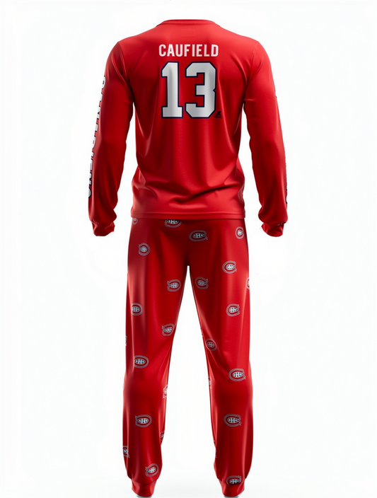 Caufield #13 Canadiens hockey pyjama featuring the team's colors and logo, perfect for fans and comfort.