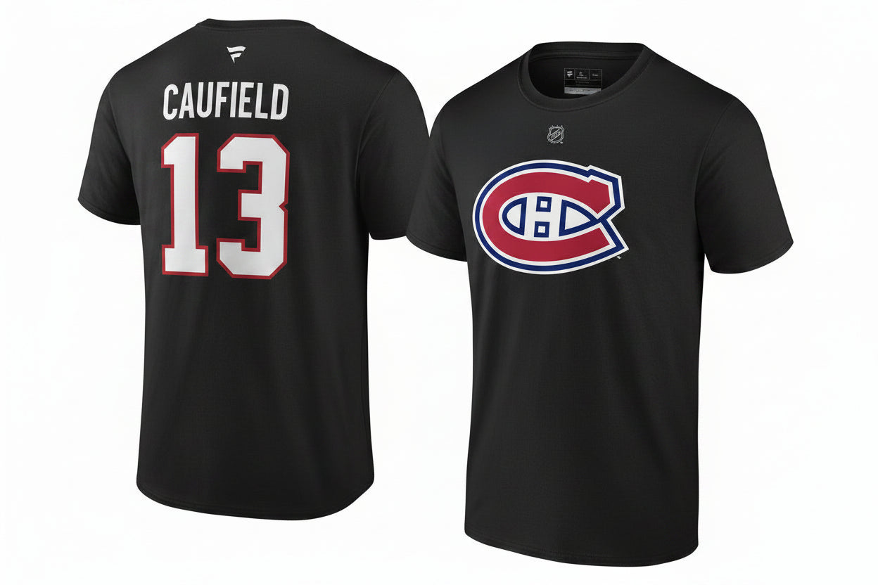 T-Shirt noir en coton - Caufield avec logo en couleurs rouge, blanc et bleu, style sportif, vue de face et dos.