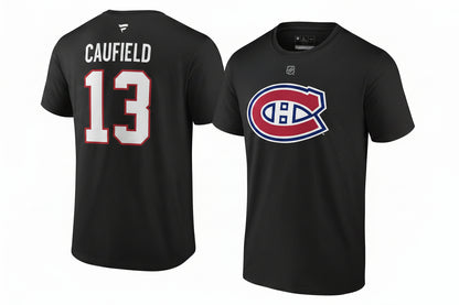 T-Shirt noir en coton - Caufield avec logo en couleurs rouge, blanc et bleu, style sportif, vue de face et dos.
