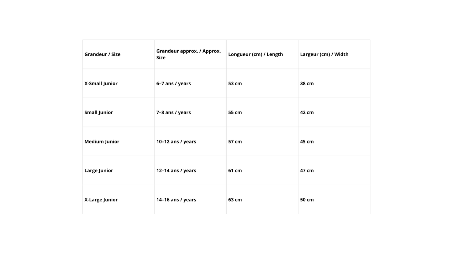 Tableau des tailles pour T-Shirt - Demidov en coton, détaillant âge, longueur et largeur pour junior 6 à 16 ans, vue de face.