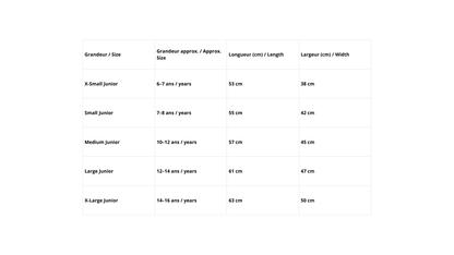 Tableau des tailles pour T-Shirt - Demidov en coton, détaillant âge, longueur et largeur pour junior 6 à 16 ans, vue de face.