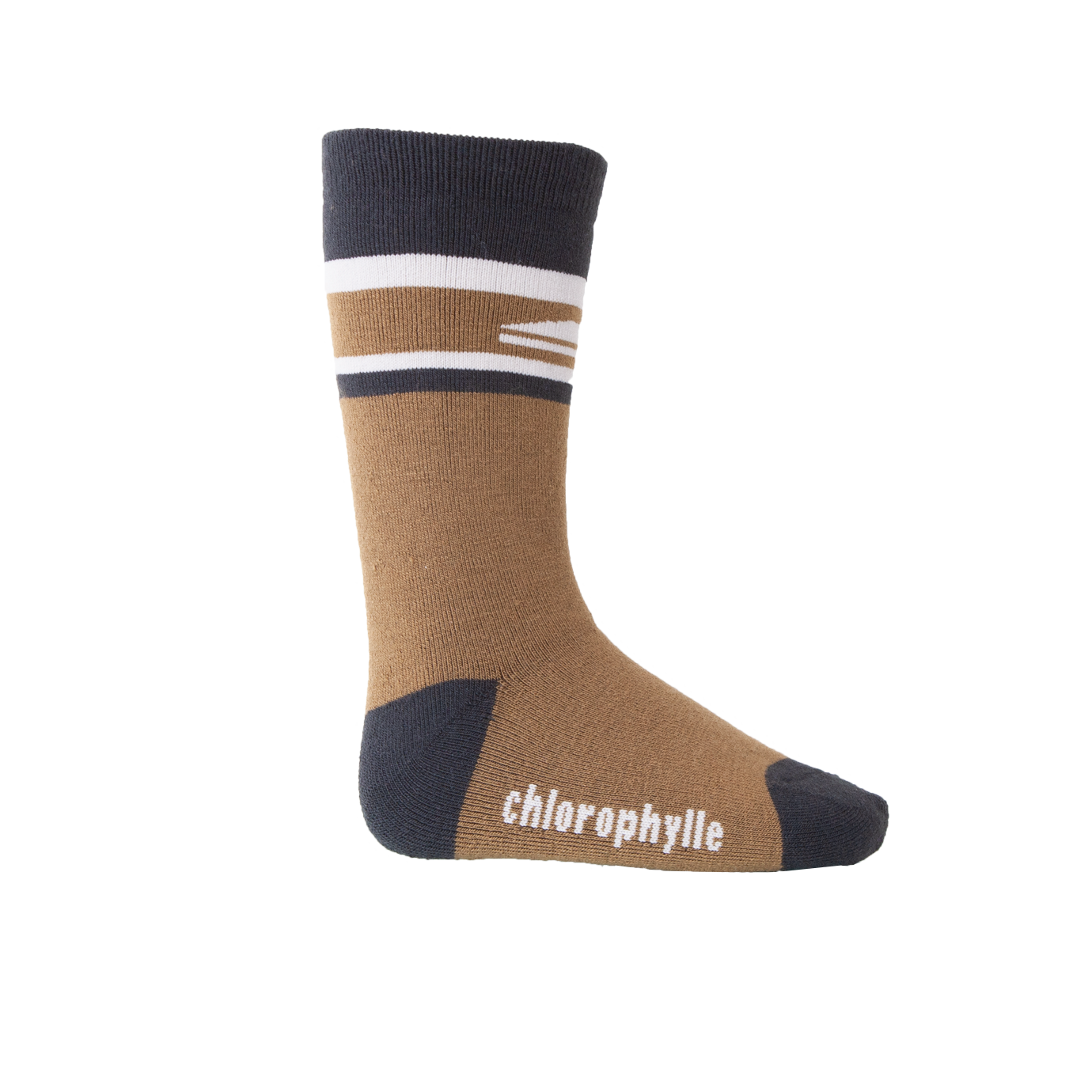 Bas Thermal - Chlorophylle marron et noir avec bandes blanches, logo blanc, textile acrylique, vue de profil gauche.