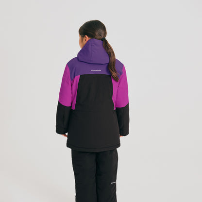 Manteau d'hiver - Chlorophylle noir violet et fuchsia, coupe longue, pour enfant 7-14 ans, vue de dos, capuche montée