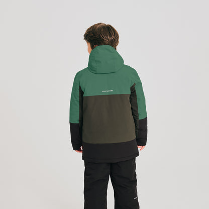 Manteau d'hiver - Chlorophylle tricolore vert kaki noir coupe longue, isolant, pour enfant, vue de dos sur mannequin.
