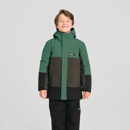 Manteau d'hiver - Chlorophylle vert et noir, coupe droite, protection eau et vent, pour enfant, vue de face porté sur mannequin