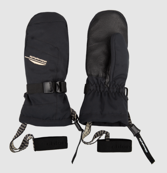 Mitaines d'hiver - Chlorophylle noires en tissu Oxford DWR avec paume en cuir, maintien réglable, vue de dessus et dessous