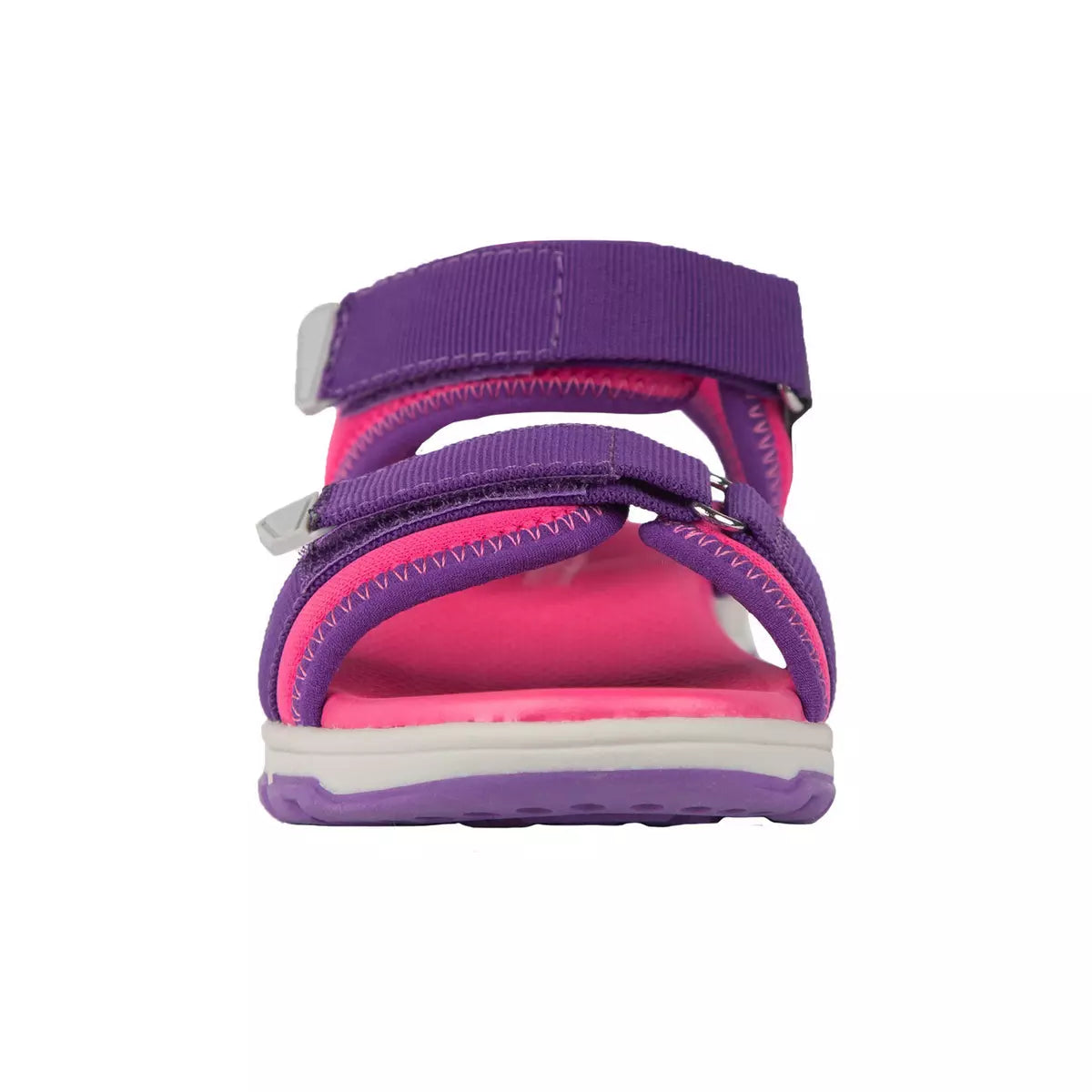Sandales - Chlorophylle violettes et roses pour fille, vue de face, dessus textile recyclé et semelle flexible.