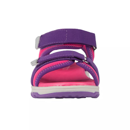 Sandales - Chlorophylle violettes et roses pour fille, vue de face, dessus textile recyclé et semelle flexible.