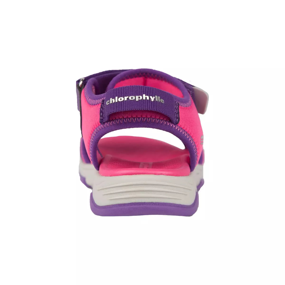 Sandales - Chlorophylle rose et violettes pour fille, vue arrière, matière textile recyclée et semelle EVA flexible.