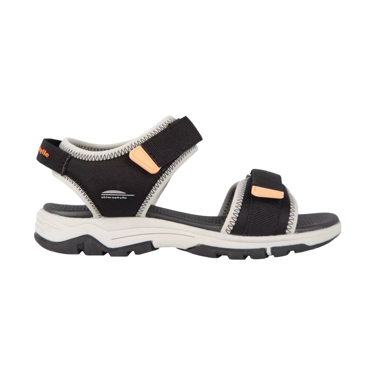 Sandales - Chlorophylle noires et blanches avec sangles ajustables, matière textile recyclée, vue de profil, pour fille.