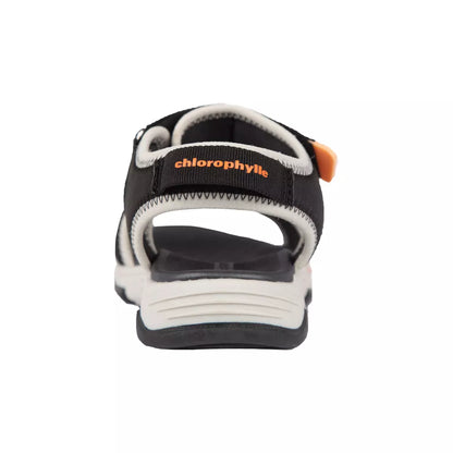 Sandales - Chlorophylle noires et blanches, détails orange, en textile recyclé, vue arrière, pour fille enfant.