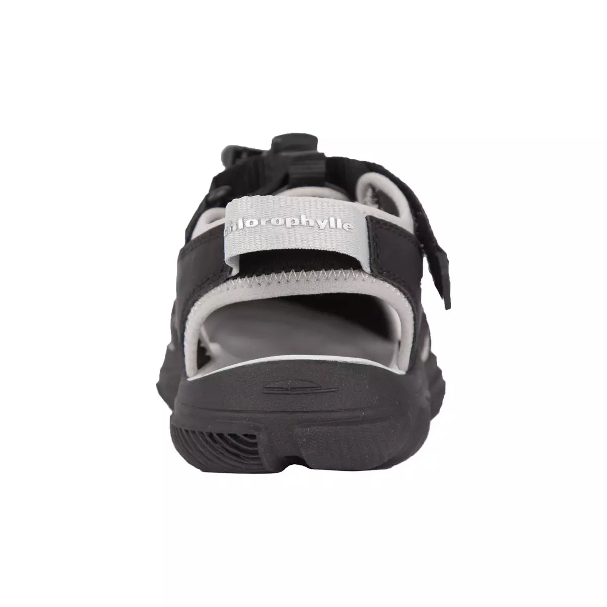 Sandales - Chlorophylle noir et gris pour garçon, matière végane, vue arrière sur semelle flexible et sangles ajustables.