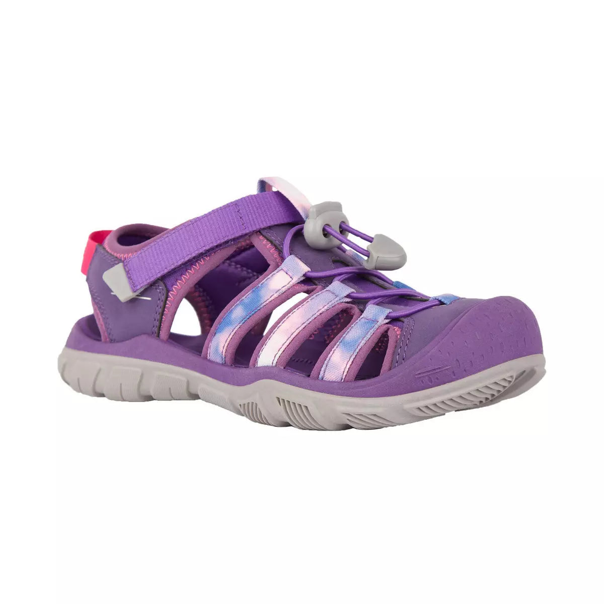 Sandales - Chlorophylle violettes et roses pour fille, avec sangles ajustables, vue de trois quarts avant.