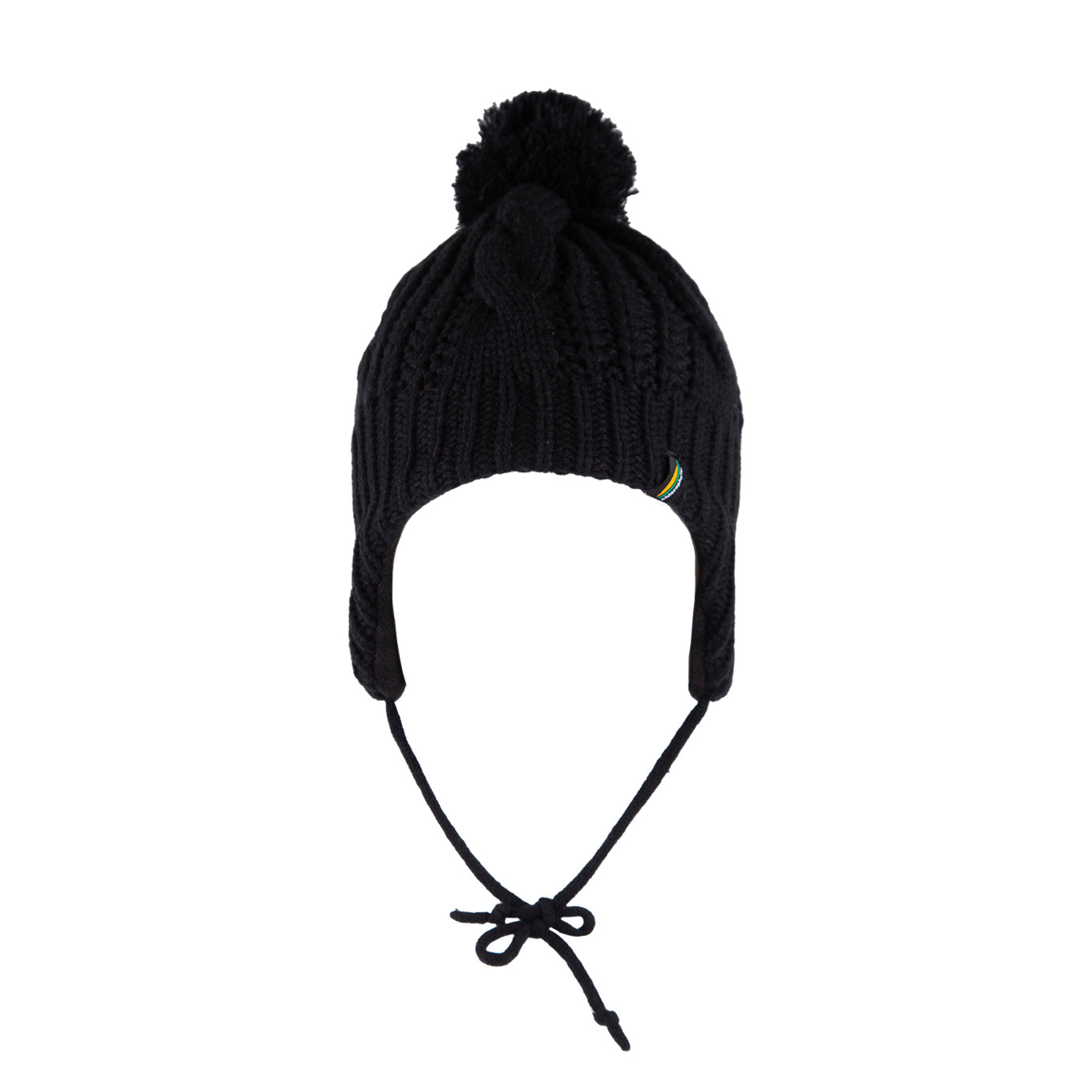 Tuque d'hiver - Chlorophylle noire tricotée avec pompon, doublure polar, liens sous le menton, vue de face.