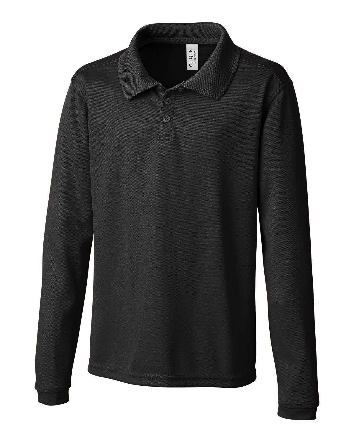 Polo - Clique noir en polyester pique 100% teint en fil, manches longues, style garçon, vue de face.
