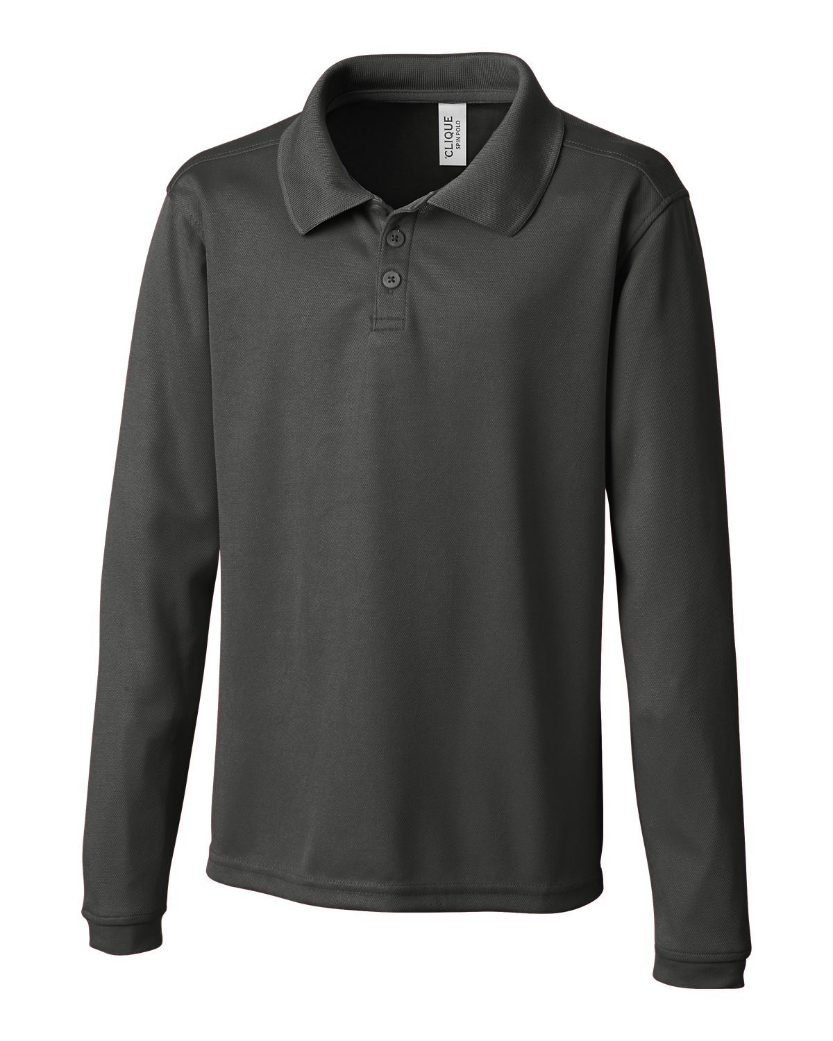 Polo - Clique gris foncé en polyester piqué teint fil, manches longues, pour garçon, vue de face sur fond blanc.