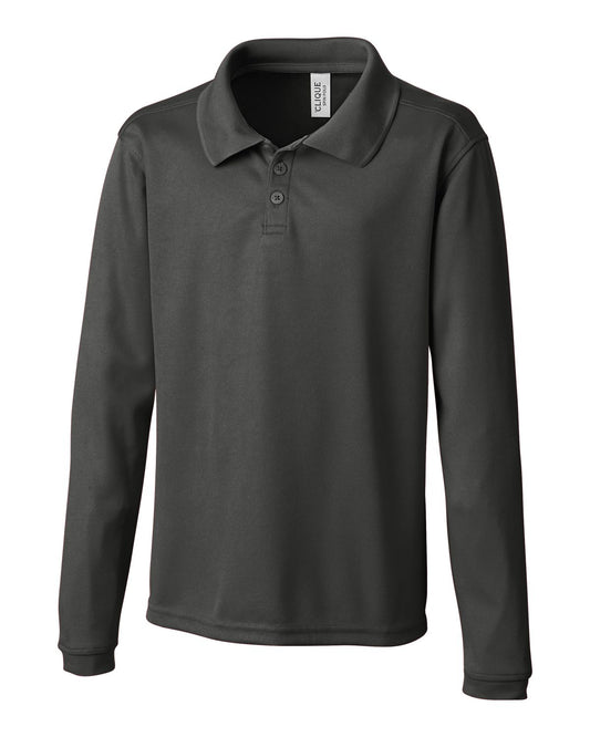 Polo - Clique gris foncé en polyester piqué teint fil, manches longues, pour garçon, vue de face sur fond blanc.