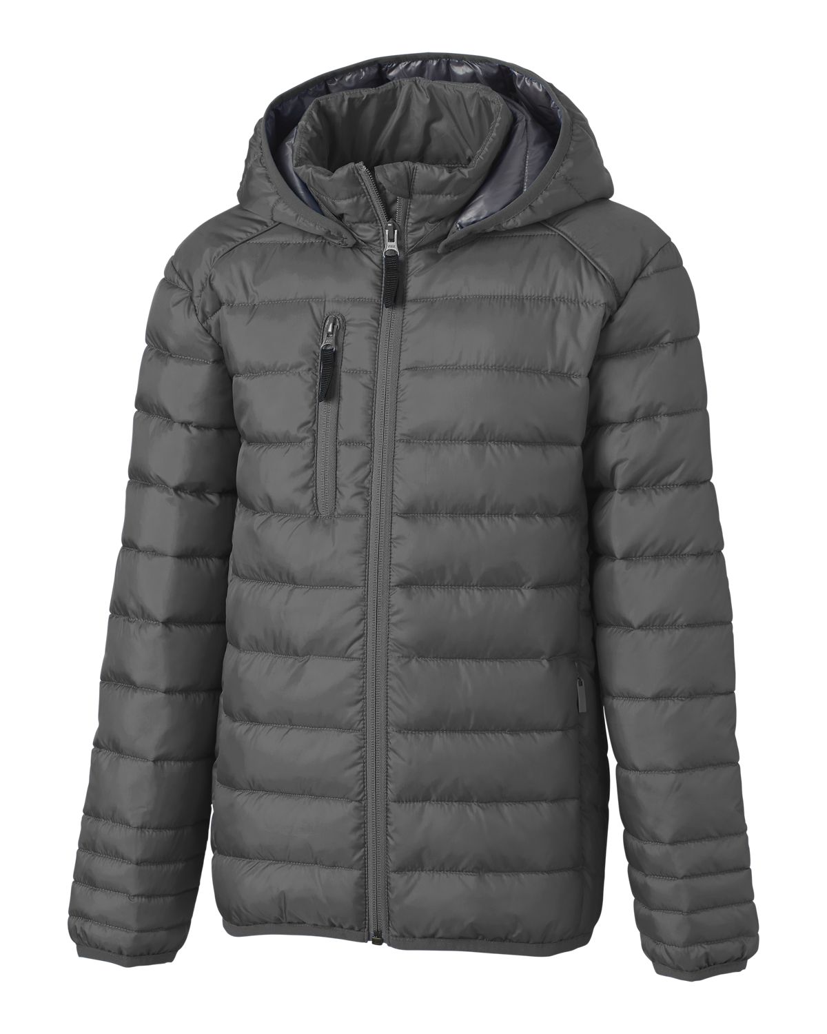 Manteau Mi-Saison Hudson - Clique gris anthracite matelassé avec capuche, style chaud, pour enfant, vue de face.