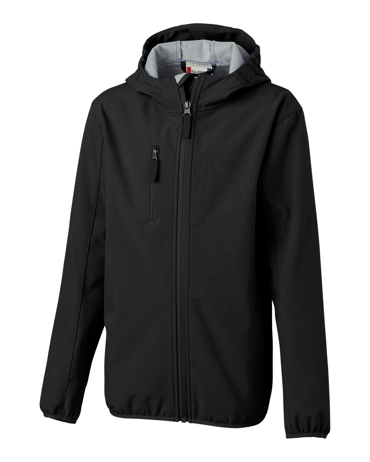 Manteau Mi-Saison - Clique noir imperméable avec doublure micropolaire, capuche attachée, pour garçon, vue de face.