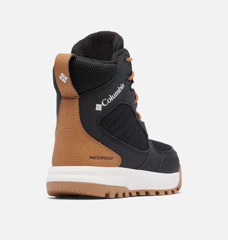 Bottes d'hiver PORTLANDER OMNI-HEAT - Columbia noires et marron, textile et synthétique, vue de profil arrière enfant