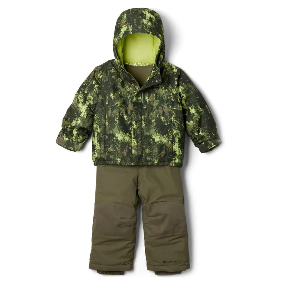 Habit de neige - Columbia vert camouflage et kaki, tissu isolant, ensemble enfant, vue de face, capuche doublée jaune pâle