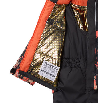Habit de neige Mighty Mogul II - Columbia garçon orange et noir avec doublure thermique dorée, vue détail intérieur et label OUTGROWN