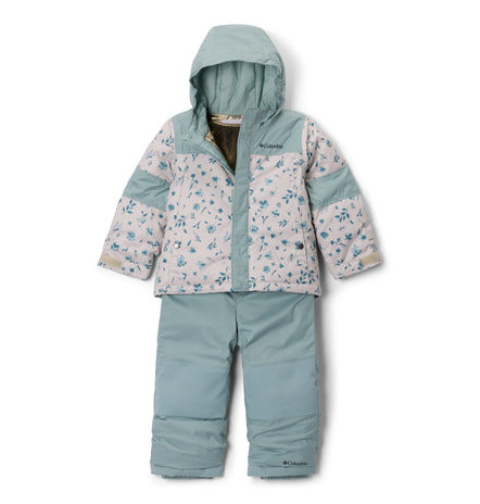 Habit de neige Mighty Mogul II - Columbia bleu vert et beige à motifs, isolé, pour garçon, vue de face sur fond blanc