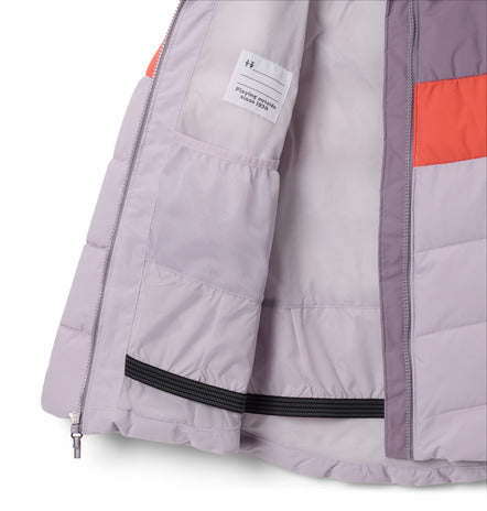 Manteau d'hiver - Columbia lilas avec détail orange, intérieur nylon léger, pour fille, vue gros plan intérieur ouvert