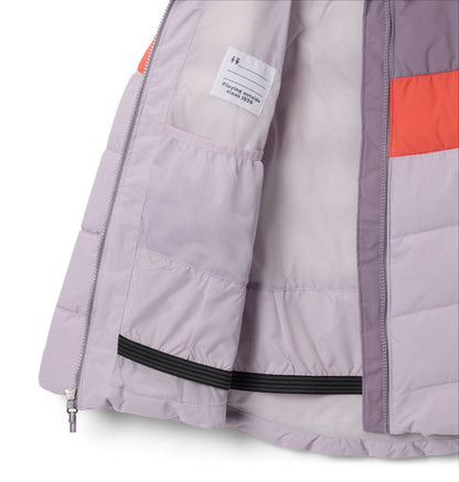 Manteau d'hiver - Columbia lilas avec détail orange, intérieur nylon léger, pour fille, vue gros plan intérieur ouvert