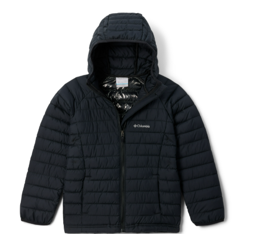 Manteau Mi-Saison Powder Lite - Columbia noir matelassé avec capuche, doublure argentée, pour enfant, vue de face ouvert