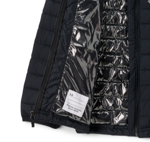 Manteau Mi-Saison Powder Lite - Columbia noir avec doublure thermique argentée, matelassé léger, vue zoom intérieur ouvert