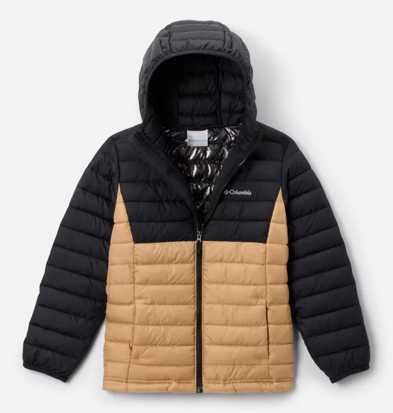 Manteau Powder Lite™ II Mi-Saison - Columbia noir et beige avec capuche, doublure réfléchissante, pour garçon, vue de face.
