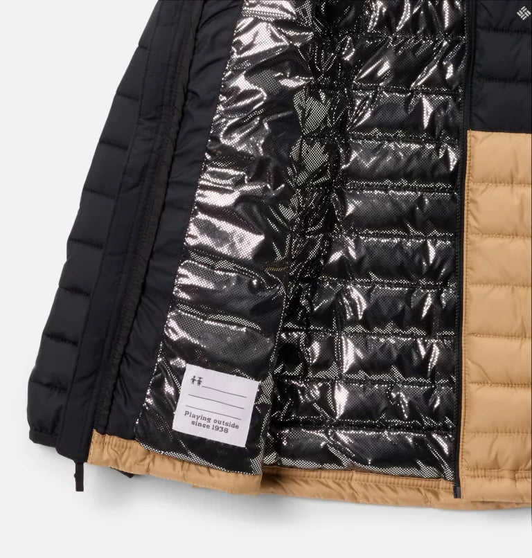 Manteau Powder Lite™ II Mi-Saison - Columbia noir et beige, doublure thermique Omni-Heat™, détail intérieur, pour garçon.