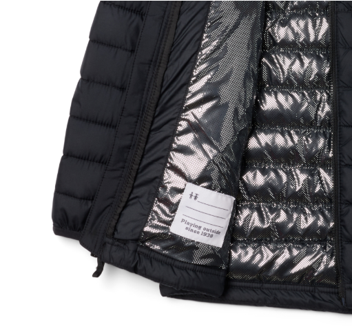 Manteau Powder Lite™ II Mi-Saison - Columbia noir avec doublure argentée réfléchissante, détail intérieur, vue zoom fermeture
