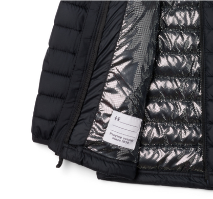 Manteau Powder Lite™ II Mi-Saison - Columbia noir avec doublure argentée réfléchissante, détail intérieur, vue zoom fermeture